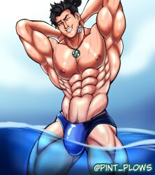 1boy abs absurd_res artist_name collars earrings hands_behind_back happy_trail hi_res in_water lifting_arms male male_only muscles overwatch overwatch_2 pint_plows shirtless shirtless_(male) shirtless_male showing_armpits six_pack smiling smirk solo solo_male speedo standing wet wet_body wet_skin wuyang