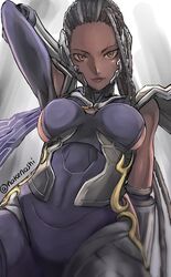 arms_up black_hair body_armor bodysuit breasts brown_hair brown_skin cornrows dark-skinned_female dark_skin dreadlocks female female_only gauntlets gold_eyes golden_eyes headgear human long_hair looking_at_viewer master_raven medium_breasts ninja scar scarf scars shoulder_pads smirk solo spandex tea_(nakenashi) tekken tekken_7