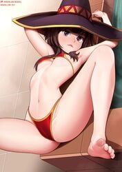 armpits ass barefoot breasts brown_hair cameltoe feet female female_only hat human kono_subarashii_sekai_ni_shukufuku_wo! lying_on_back megumin navel neocoill partially_clothed red_bikini_top red_eyes red_thong short_hair_with_long_locks slim small_breasts spread_legs thighs thong toes underboob underwear underwear_only witch witch_hat