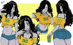 absurdres alternate_skin_color artist_logo ass bags_under_eyes bead_necklace beads bikini bikini_under_clothes black_bikini black_eyes black_hair border bracelet brazilian_flag brazilian_flag_print brazilian_miku_(cosplay) brazilian_sadako breasts can colored_skin commentary cosplay cowboy_shot crop_top cropped_legs denim denim_shorts earrings english_commentary eyewear_on_head female flag_print ghost ghost_girl gold_bracelet gold_earrings green_trim grey_skin guarana_antarctica hair_over_one_eye highres holding holding_can jewelry logo long_hair lowleg lowleg_shorts lughost messy_hair midriff multiple_bracelets multiple_views navel navel_piercing necklace pale_skin piercing print_shirt ringed_eyes shirt short_shorts shorts signature sunglasses swimsuit the_ring tied_shirt tongue tongue_out vocaloid white-framed_eyewear white_border yamamura_sadako yellow_background yellow_shirt
