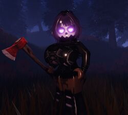 3d aecreations ass axe big_breasts breasts clothed female_only fishnets forest halloween outdoors purple_eyes purple_hair roblox roblox_avatar robloxian self_upload skull_mask solo tagme thighs