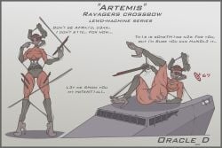 android artemis_(crossout) cabin car crossbow crossout fan_character female high_heels humanoid lewd-machine_series living_weapon looking_at_viewer oracle_dominus posing_nude posing_on_car posing_with_weapon presenting ravager_(crossout) red_body red_eyes robot robot_girl spread_legs string talking_to_viewer text weapon