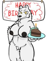 2018 alpha_channel anthro bear bear_mom_(rmaster) breasts cake candle female fire food fur looking_at_viewer mammal nude polar_bear pussy sign simple_background slightly_chubby solo standing transparent_background trout_(artist) white_fur yellow_eyes