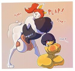 anthro big_breasts big_nipples blowjob breasts cinderace fat_ass femboy femboy_on_female furry hard_nipples huge_ass huge_balls huge_breasts huge_cock humanoid hyper_balls hyper_penis kingcroc licking_balls long_tongue mawile muscular_femboy nintendo oc onomatopoeia plap pokemon pokemon_(species) shortstack thick_thighs tongue_out tongue_wrap wide_hips