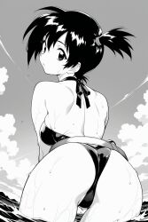 ai_generated ass asymmetrical_hair back bare_arms bare_shoulders belt bikini breasts casual_one-piece_swimsuit closed_mouth clothing cloud cloudy_sky day female from_behind hair_between_eyes hair_tie halterneck kasumi_(pokemon) leaning_forward looking_at_viewer looking_back loose_belt medium_breasts misty_(the_electric_tale_of_pikachu) ocean one-piece_swimsuit outdoors partially_submerged pokemon pokemon_character pokemon_rgby ponytail short_hair shoulder_blades side_ponytail sky solo standing swimsuit the_electric_tale_of_pikachu thighs tied_hair wading water wet wet_hair