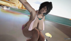 1girls 3d armpits ass bad_3d bad_anatomy big_ass black_hair breasts busty cleavage dark-skinned_female dark_skin female female_only grey_eyes huge_breasts human looking_at_viewer necklace nintendo olivia_(pokemon) outdoors pokemon pokemon_sm short_hair sideboob text thick_thighs watermark wet wide_hips