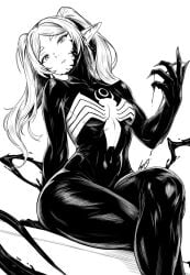 1girls absurdres arm_support black_bodysuit bodysuit breasts cosplay crossed_legs crossover earrings eastern_and_western_character elf expressionless female female_only frieren greyscale hand_up highres hourglass_figure jewelry long_hair long_pointy_ears looking_at_viewer lughost marvel monochrome pointy_ears simple_background sitting small_breasts solo solo_female sousou_no_frieren spider-man_(series) symbiote teardrop_earrings thick thick_eyebrows thick_thighs thighs twintails venom_(cosplay) venom_(marvel) white_background wide_hips