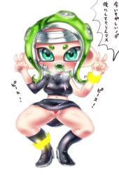 1girls agent_8_(splatoon) bandages blush boots censored double_v female gesture green_eyes green_hair green_mouth navel octoling pussy skirt splatoon text thighhighs upskirt v white_background