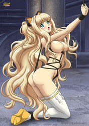 blonde_hair blue_eyes blush bondage breasts female femsub high_resolution kneeling large_breasts long_hair naked_stockings nude open_mouth rope rope_bondage rope_harness seeu slavetoon stockings thighhighs vocaloid wrists_tied