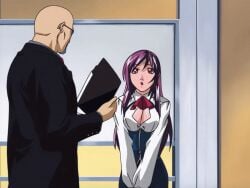 00s 1boy 1girls 2004 animated bald bench bible_black bible_black_new_testament blazer bouncing_breasts bow bowtie breasts cleavage cleavage_cutout clothing_cutout earrings female female_focus formal_clothes goatee ichikawa_aki jacket jewelry large_breasts lipstick long_coat long_hair makeup male patch purple_hair red_eyes running shin_bible_black shoulder_patch sidelocks suit sunglasses surprised tagme tokken_division yuge_toru
