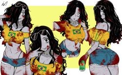 absurdres alternate_skin_color artist_logo ass bags_under_eyes bead_necklace beads bikini bikini_under_clothes black_bikini black_eyes black_hair blood blood_on_clothes blood_on_face border bracelet brazilian_flag brazilian_flag_print brazilian_miku_(cosplay) brazilian_sadako breasts can colored_skin commentary cosplay cowboy_shot crop_top cropped_legs dead_by_daylight denim denim_shorts earrings english_commentary eyewear_on_head female flag_print ghost ghost_girl gold_bracelet gold_earrings green_trim grey_skin guarana_antarctica hair_over_one_eye highres holding holding_can jewelry logo long_hair lowleg lowleg_shorts lughost messy_hair midriff multiple_bracelets multiple_views navel navel_piercing necklace pale_skin piercing print_shirt ringed_eyes shirt short_shorts shorts signature sunglasses swimsuit the_ring tied_shirt tongue tongue_out vocaloid white-framed_eyewear white_border yamamura_sadako yellow_background yellow_shirt
