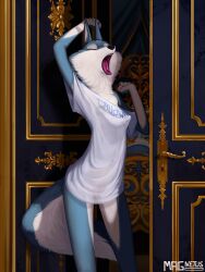 2025 anthro areola barely_visible_genitalia barely_visible_vulva biped black_areola black_nipples blue_body blue_fur breasts canid canine canis closed_eyes clothing detailed_background digital_media_(artwork) female female_anthro fur genitals hi_res illumination_entertainment magnetus mammal multicolored_body multicolored_fur neck_tuft nipples open_mouth porsha_crystal sing_(movie) solo standing tired translucent translucent_clothing tuft two_tone_body two_tone_fur vulva white_body white_fur wolf yawn