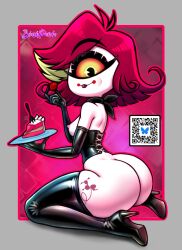 1_eye 1girls alternate_version_available areolae armwear ass backboob big_ass black_corset black_eyes black_gloves black_thighhighs blushpanda bottomless breasts cake cake_slice corset elbow_gloves female female_only footwear fork full_body gloves hair hazbin_hotel heels high_heels holding_object holding_plate huge_ass latex latex_clothing latex_gloves latex_thighhighs looking_back niffty nipples on_knees orange_sclera plate red_hair short_hair shortstack small_breasts smile solo solo_female strawberry tattoo tattoo_on_thigh thick_thighs thighhighs thighs topless white_body white_skin