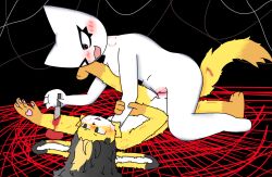 anthro bite_mark blood blush bodily_fluids canid canine duo erection ezpektrier ezpektrier_(ezpektrier) felid feline female female_on_top femtanyl fox fur genitals grey_eyes grey_hair hair hi_res knife lagomorph leporid male male/female mammal on_top penis rabbit sex stomach_bulge tail token_(femtanyl) vulva white_body white_fur wounded yellow_body yellow_fur