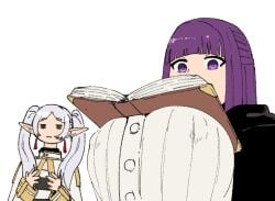 2025 2girls anime big_breasts big_nipples book_on_breasts breast_comparison breasts breasts_bigger_than_head breasts_visible_through_clothing clothing elf elf_ears elf_female elf_girl female female_only fern_(sousou_no_frieren) frieren frieren_beyond_journey&#039;s_end huge_breasts huge_nipples human human_female jealous jealous_female large_breasts large_nipples looking_down meme nipple_bulge nipples nipples_visible_through_clothing purple_eyes purple_hair reading reading_book reference reference_image sousou_no_frieren tight_clothing tight_fit twitter_link wanderjegson white_background white_hair