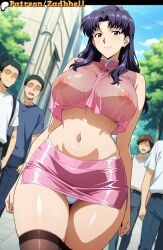 1girls ai_art ai_generated anime_style blue_sky brown_eyes cleavage curvy curvy_figure day digital_media exhibitionism gigantic_breasts highres huge_breasts large_breasts long_hair looking_at_viewer mature_female misato_katsuragi neon_genesis_evangelion outdoors peace_sign public_indecency public_nudity purple_hair smile solo stable_diffusion standing sunny thick_thighs v_sign voluptuous_female wide_hips zadbhell