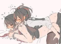 2girls absurdres animal_ears artist_name artist_signature bed bite_mark biting biting_ear black_hair black_shirt blush closed_eyes cuffs drooling eardoor_1022 futa_on_female futanari green_eyes groping handcuffs highres implied_futanari jane_doe_(zenless_zone_zero) korean_commentary long_hair moaning mouse_ears mouse_girl mouse_tail mouth_drool multicolored_hair multiple_girls on_bed open_mouth police police_uniform policewoman ponytail red_hair saliva shirt short_hair sleeveless sleeveless_shirt sleeveless_turtleneck streaked_hair sweater tail thighhighs turtleneck turtleneck_sweater uncensored yuri zenless_zone_zero zhu_yuan