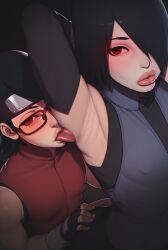 1boy 1girl 2025 age_difference ai_generated androgynous armpits arms_behind_head big_lips black_hair boruto:_naruto_next_generations dominant_female duck_face father_and_daughter female feminine_male fingerless_gloves futagenn genderswap genderswap_(mtf) glasses hair_over_one_eye incest light-skinned_female light-skinned_male light_skin looking_at_viewer male naruto naruto_(series) posing puffy_lips red_eyes sarada_uchiha sasuke_uchiha sfw sharingan shaved_armpit size_difference small_dom_big_sub submissive_male tongue tongue_out