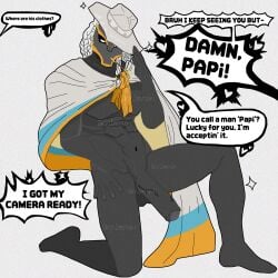 abs braid cape cowboy cowboy_hat grey_skin huge_cock line male male_only muscular one_knee pose quote reassuring_ranger sky_children_of_the_light solo_male spirit spirit_(sky_cotl) strong uncut_cock uncut_penis white_eyes
