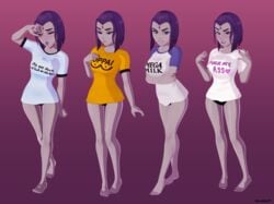 1girls 3d alternate_breast_size big_breasts blush breasts cleavage dc dc_comics degrading_accessory female female_only fuck-me_shirt fuck_me_(text) large_breasts panties pin-me-down_shirt rachel_roth raven_(dc) simple_background skuddbutt solo teen_titans