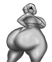 1girls ass ass_bigger_than_head big_breasts bikini blindfold breasts female female_only gact hairband hpyer huge_ass huge_breasts hyper_ass light-skinned_female light_skin looking_at_viewer looking_back monochrome nier nier:_automata rear_view short_hair sketch solo thick thick_thighs white_background white_hair yorha_2b