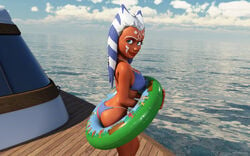 1girls 2014 3d ahsoka_tano alien alien_girl alternate_version_available artist_name back_view bare_shoulders big_breasts bikini bikini_bottom bikini_top blue_eyes busty chair clone_wars curvy day detailed_background ewok_floating_tire eyelashes female female_only holding_object hourglass_figure humanoid jedi jedi_padawan kondaspeter looking_at_viewer looking_back mammal marking midriff orange_skin outdoor outside pose posing shadow shiny shiny_skin sideboob solo standing star_wars swimsuit thong togruta underboob voluptuous water wide_hips