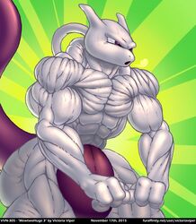 1boy 2015 2_fingers 3_fingers abs anthro clenched_hands colored covered_in_sweat feline flexing furry legendary_pokemon male male_only muscular muscular_male no_nipples original_character pokemon pokemon_rgby pokemorph purple_eyes purple_fur raised_tail solo text two_tone_skin url victoria_viper watermark wide_hips