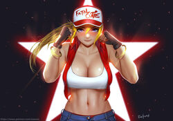 1girls abs big_breasts breasts canon_genderswap cleavage easonx fatal_fury female female_only female_terry genderswap_(mtf) hourglass_figure king_of_fighters large_breasts looking_at_viewer rule_63 snk snk_heroines:_tag_team_frenzy solo terry_bogard text url watermark