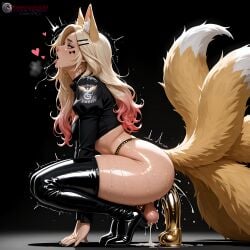 ai_generated ballsack blonde_hair bottomless cum cumming_from_masturbation cumshot dildo dildo_in_ass femboy flat_chest fox fox_ears fox_girl fox_tail furry high_boots high_resolution highres ilfb more_at_source multiple_tails original original_character otoko_no_ko side_view solo tattoo_on_face testicles thick thick_ass trap two-tone_hair