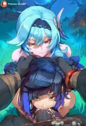 1boy 2girls ai_generated assisted_fellatio black_body black_hair blowjob blue_hair cum cum_in_mouth cumming cumming_in_mouth dark-skinned_male dark_penis dark_skin deepthroat eula_(genshin_impact) female femdom forced_oral forest genshin_impact grabbing_head hands_on_hands head_grab hilichurls_(species) hoyoverse large_penis lucakp male male_pov mihoyo night oral oral_sex partially_clothed patreon patreon_link patreon_logo patreon_reward patreon_url patreon_username penis pov purple_hair smug smug_grin sucking_penis tagme tears veiny_penis yelan_(genshin_impact)