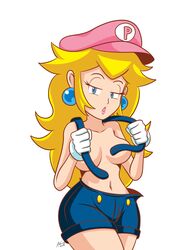 andersonicth bad_censor covering female mario_(series) nintendo princess_peach shorts solo suspenders topless