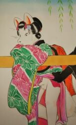 2019 absurd_res accessory ambiguous_gender anthro asian_clothing balls biped black_body black_hair canid canine clothed clothing clothing_lift crossdressing crossdressing_male dress dress_lift duo east_asian_clothing exposed faceless_ambiguous faceless_character femboy flaccid floral_pattern floral_print fox fur genitals hair hair_accessory hi_res humanoid_genitalia humanoid_penis japanese_clothing japanese_description kabuki_(theatre) kanzashi kimono kimono_lift konkontei leaf leaning leaning_forward leaning_on_object male male_anthro mammal mostly_offscreen_ambiguous mostly_offscreen_character obi painting_(artwork) partially_clothed partially_clothed_anthro partially_clothed_male pattern_clothing penis red_inner_ear simple_background solo_focus surprised_face tail text traditional_media_(artwork) translation_request upskirt white_body white_fur