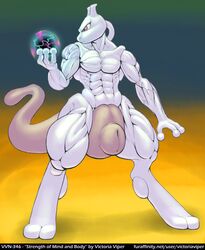 1boy 2_fingers abs anthro big_feet digital_media_(artwork) feet furry gradient_background looking_to_the_side male_only mewtwo muscular no_nipples original_character pokemon pokemon_(species) pokemon_rgby purple_eyes sheath solo solo_male standing text thick_thighs two_tone_skin url victoria_viper watermark wide_hips