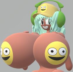3d breasts cap dark-skinned_female dark_skin dolly_dimpley green_hair hat headphones hourglass_figure hourglass_figured_female huge_boobs huge_breasts hyper hyper_breasts looking_at_viewer low_poly massive_breasts mint_green_hair paint_3d pasties smiling_friends solo solo_female stickers tasteofchoklit thin_waist
