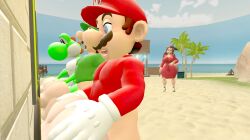 3boys 3d 3d_(artwork) 4girls anthro anthro_on_human ass ass_grab beach blue_eyes bottomless bottomless_male brown_hair clothing dinosaur doggy_style dress facial_hair female gladehope grabbing_ass green_hat green_shirt green_skin green_yoshi hands_on_ass hat human human_on_human interspecies kabalmystic_(style) light-skinned_female light-skinned_male light_skin long_hair looking_at_another luigi male male/female mammal mario mario_(series) mature mature_female mature_male multiple_boys multiple_girls nintendo nude open_mouth outdoors pauline penis_in_pussy princess princess_daisy princess_peach princess_rosalina red_dress red_hat red_shirt reptile scalie sex shirt short_hair straight straight_sex trees unseen_female_face wall wall_(structure) white_gloves yoshi