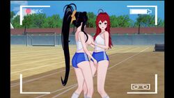 2girls 3d akeno_himejima animated black_hair breasts camera cartoony demon_girl duo female female_only gym_uniform high_school_dxd humanoid koikatsu lesbians long_hair masturbation nipples oppai recording red_hair rias_gremory rias_x_akeno video yuri