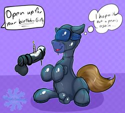 advertisement animal_genitalia animal_penis askfrosty birthday bondage bound catsuit_(disambiguation) clothing equine equine_penis gimp horse horsecock invalid_tag latex_gimp male mammal my_little_pony penis rubber rubber_suit yaoi