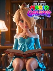 1girls ai_generated blonde_hair blue_eyes book breasts clothing commando crown dress explicit female female_only holding_book human human_only indoors light-skinned_female light_skin looking_at_viewer mammal mario_(series) mature mature_female nintendo princess princess_rosalina princess_rosalina_(movie) pussy rosalina royalty smiling smiling_at_viewer solo solo_female solo_focus super_mario_bros. super_mario_galaxy super_mario_galaxy_(2026_film)