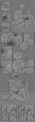 007n7 007n7_(forsaken) 2boys blush body_hair boner boner_in_pants burningb chubby chubby_male clothed comic comic_panel dialogue forsaken_(roblox) gay grayscale horns moaning nervous no_color roblox roblox_game robloxian self_upload shedletsky shedletsky_(forsaken) shirtless sweaty wounded