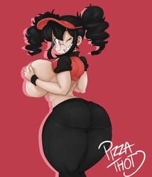 :3 ;d ass big_breasts black_hair black_jeans blue_eyes braces breast_squish breast_suppress breasts covering_breasts curvy dark_hair female freckles glasses happy huge_breasts jeans monkeywithaafro pants pigtails pizza_thot presenting_hindquarters rear_view red_background shirt_lift shirt_up short_sleeves sideboob small_but_busty smile soft_breasts thick_thighs thigh_gap thighs tips_(gats) top_lift twintails visor_cap wide_hips wink winking