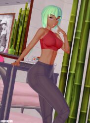1girls arrancon clothed_female dark-skinned_female emerald_sustrai green_eyes mirror red_eyes rwby solo_female sticking_out_tongue