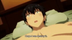 animated assertive_female black_hair blush breast_press breasts completely_nude cowgirl_position hanging_breasts huge_breasts imminent_paizuri imminent_penetration isekai_meikyuu_de_harem_wo kaga_michio large_breasts looking_at_breasts lowres lying nipples nude official_animation on_back on_bed screencap vesta_(isekai_meikyuu_de_harem_wo)