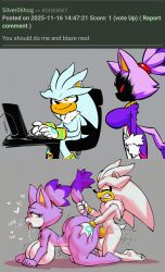 1boy 1girl1boy 1girls ahe_gao ai_generated angry blaze_the_cat comic commission computer embarrassed from_behind huge_breasts kimmythefem on_all_fours panels pulling_tail purple_hair saliva sega sex silver_eyes silver_hair silver_the_hedgehog sonic_(series) sonic_2006 sonic_the_hedgehog_(series) thick_thighs wide_hips