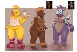 2025 3_toes 4_fingers absurd_res accessory anthro apron belly beverage big_belly black_body black_clothing black_collar black_fur black_nose black_shirt black_topwear blonde_hair bodily_fluids bodypaint boots border bottomless breasts canid canine canis clothed clothing collar collar_only domestic_dog english_text face_paint feet female female_furry female_only fingers five_nights_at_freddy's five_nights_at_freddy's:_secret_of_the_mimic floppy_ears food footwear fries fur furry furry_female furry_only genital_fluids grey_background grey_body grey_fur grin group hair hair_accessory hairband hewa hi_res kerchief knee_boots knee_highs knee_socks legwear lemur_(secret_of_the_mimic) looking_at_viewer lyrical_lemur mammal markings medium_breasts mime nude overweight overweight_anthro overweight_female party_time_chica_(fnaf) pattern_clothing pattern_footwear pattern_legwear pattern_shirt pattern_socks pattern_topwear pink_clothing pink_eyes pink_footwear pink_shoes pink_socks poodle purple_body purple_eyes purple_fur raised_hand red_body red_fur red_kerchief red_markings roller_skates scottgames serving_tray sharp_teeth sharpay_(fnaf) sharpay_(secret_of_the_mimic) shirt shoes simple_background small_breasts smile socks soda striped_clothing striped_footwear striped_markings striped_shirt striped_socks striped_tail striped_topwear stripes tail tail_markings tan_body tan_fur tan_inner_ear teeth text thick_thighs toes topwear trio vaginal_fluids white_apron white_border white_clothing white_shirt white_topwear wide_hips