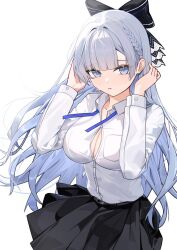 argus_(a_hundred_sleepless_eyes)_(azur_lane) argus_(azur_lane) azur_lane black_bow black_skirt blue_eyes blunt_bangs bow braid breasts button_gap cg cleavage collared_shirt cowboy_shot dress_shirt female grey_hair hairbow hands_up large_breasts long_hair long_sleeves looking_at_viewer neck_ribbon parted_lips pleated_skirt shirt shirt_tucked_in simple_background skirt solo very_long_hair white_background white_hair white_shirt