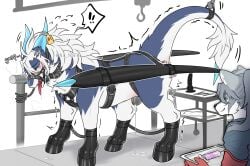 anthro aren_(luterre) bdsm blush bodily_fluids bondage bondage_gear boots bound canid canine canis chastity_cage chastity_device clothing collar cum cum_on_ground dildo dragon duo feral footwear gag genital_fluids gloves hair handwear hi_res hoof_boots horn horn_tag leaking_cum leash luterre male mammal mythological_creature mythological_scalie mythology petplay ponyplay ring_gag roleplay scalie sex_toy shoes snout syringe tail tail_tied tongue tongue_out wingbinders wings wolf