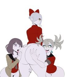 3girls admiring_ass big_ass bottomless coat curvy curvy_figure curvy_hips green_eyes gripping_ass groping_ass hazel_eyes huge_ass hyper_sexual kurane_(rain_code) licking_ass looking_back master_detective_archives:_rain_code medium_ass mole_under_eye naver pale-skinned_female pale_skin purple_eyes pussy red_ribbon red_uniform sexy thick_thighs thighs twintails unfinished waruna_(rain_code) white_background wip work_in_progress yoshiko_(rain_code)