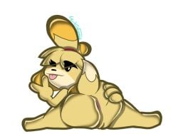 ;p animal_crossing anthro artist_signature ass_grab asshole black_eyes dog_girl female_anthro isabelle_(animal_crossing) looking_at_viewer naked_female nintendo no_sex presenting_anus presenting_ass presenting_hindquarters self_upload shortstack two-tone_fur wabbix_toons winking_at_viewer yellow_fur