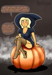 absurdres blonde_hair blush breasts charm_(spell) cleavage dress erect_nipples feet femsub halloween hat heart heart-shaped_pupils heart_eyes horiizyn hypnosis legs magic miniskirt open_mouth original pumpkin sitting_on_pumpkin symbol_in_eyes text thighhighs unaware witch witch_hat