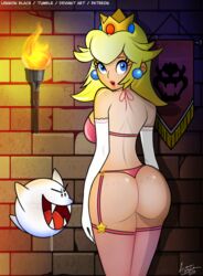 1girls 1other ass back_view boo_(mario) bra breasts elbow_gloves female female_focus gloves indoors lennonblack looking_at_viewer looking_back mario_(series) nintendo open_mouth panties pink_bra pink_panties princess_peach super_mario_bros. thong underwear underwear_only